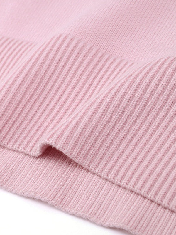 Long Sleeves Loose Solid Color Split-Joint Round-Neck Sweater Tops