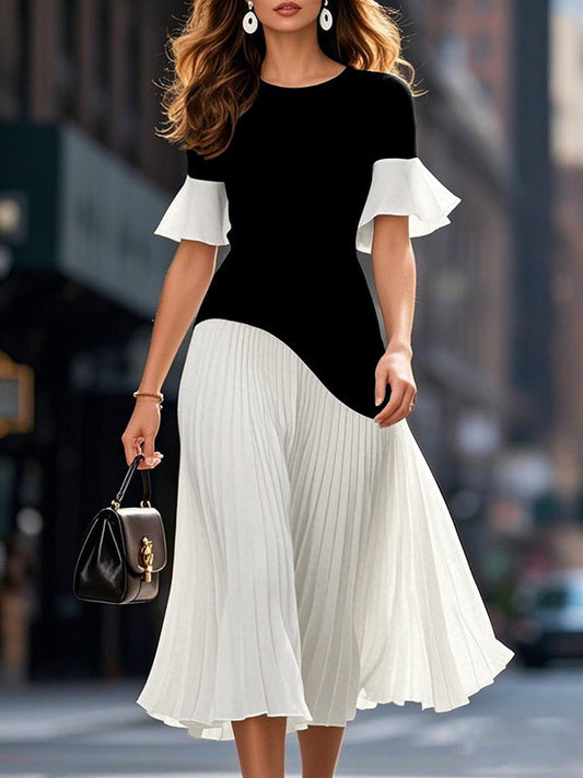 Flared Sleeves Half Sleeves Pleated Split-Joint Round-Neck Midi Dresses