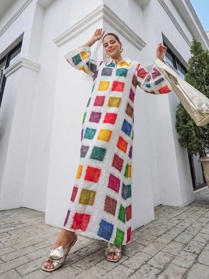 Flared Sleeves Long Sleeves Contrast Color Printed Split-Back Split-Joint Lapel Maxi Dresses