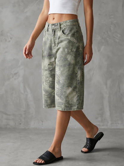 Cropped High Waisted Buttoned Contrast Color Pockets Printed Cropped Trousers Jean Pants Bottoms