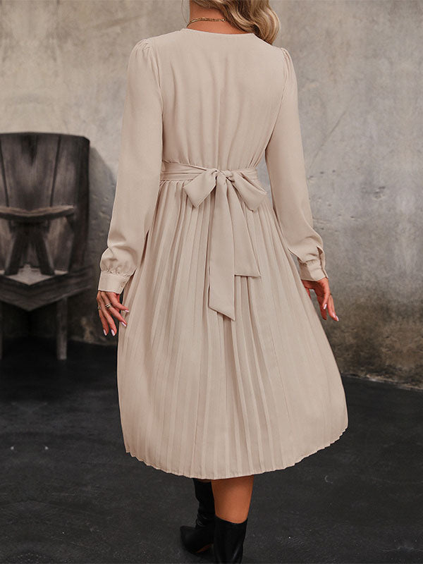 Long Sleeves Loose Pleated Solid Color Split-Joint Tied Waist Round-Neck Midi Dresses