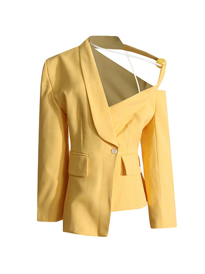 Long Sleeves Loose Asymmetric Buttoned Hollow Solid Color Tied Asymmetric Collar Blazer