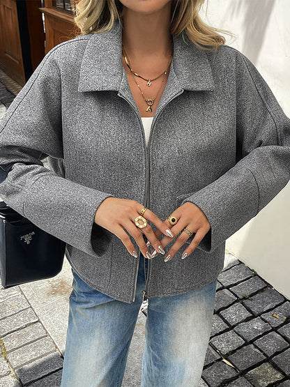 Long Sleeves Pockets Solid Color Zipper Lapel Coats&Jackets Outerwear