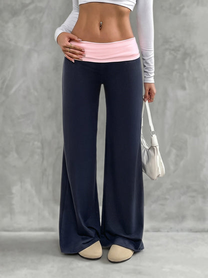 High Waisted Wide Leg Contrast Color Pleated Split-Joint Pants Trousers