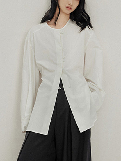 Long Sleeves Loose Buttoned Solid Color Tied Round-Neck Blouses&Shirts Tops