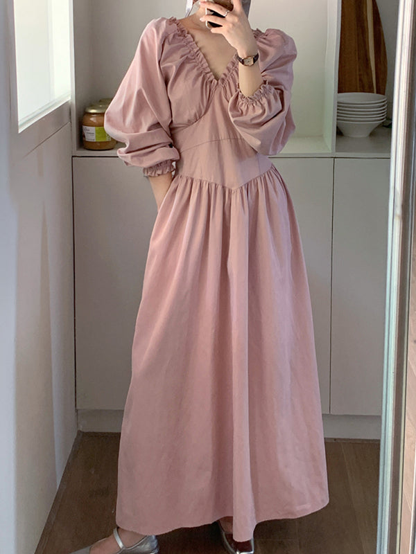 Bishop Sleeve Long Sleeves Elasticity Pleated Ruffled Solid Color Split-Joint Deep V-Neck Midi Dresses