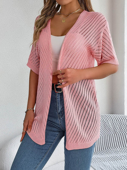 Half Sleeves Loose Hollow Solid Color Cardigan Tops