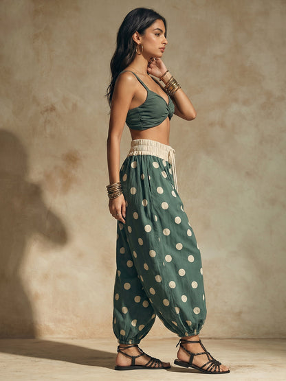 High Waisted Wide Leg Contrast Color Drawstring Elasticity Pockets Polka Dot Ankle-Tied Pants Trousers