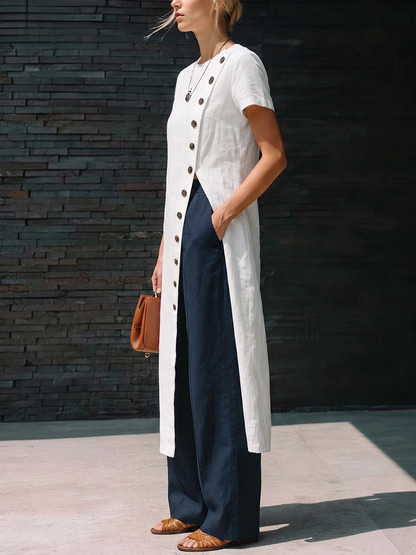 Split-front Solid Color Buttoned Asymmetric Short Sleeves Loose Round-neck Blouses&shirts Tops