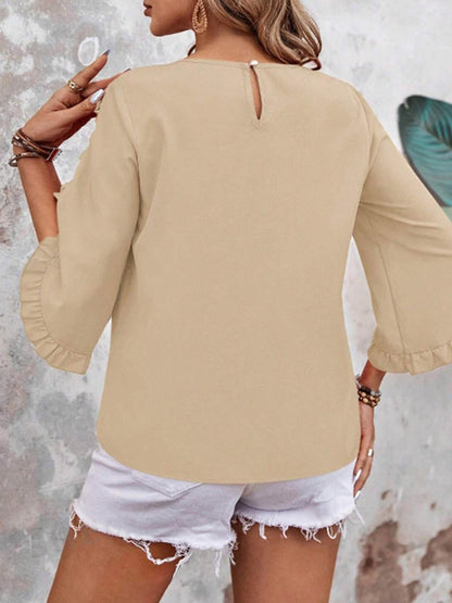 Batwing Sleeves Long Sleeves Ruffled Solid Color Split-Joint Round-Neck Blouses&Shirts Tops