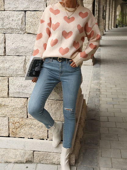 Long Sleeves Loose Heart Print Jacquard Split-Joint Round-Neck Pullovers Sweater Tops
