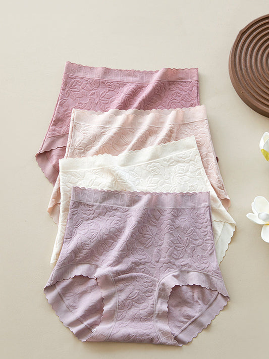 5 Pieces Women Flower Jacquard High Waist Cotton Underwear