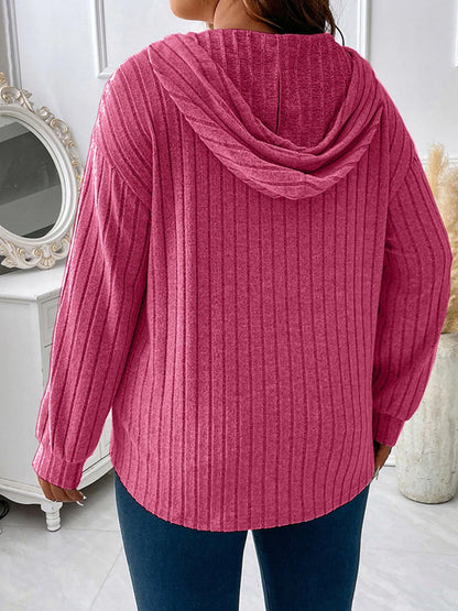 Hooded Long Sleeves Drawstring Solid Color V-Neck T-Shirts Tops