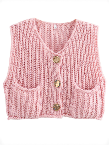 Sleeveless Buttoned Pockets Solid Color Cardigan Tops Knit Top
