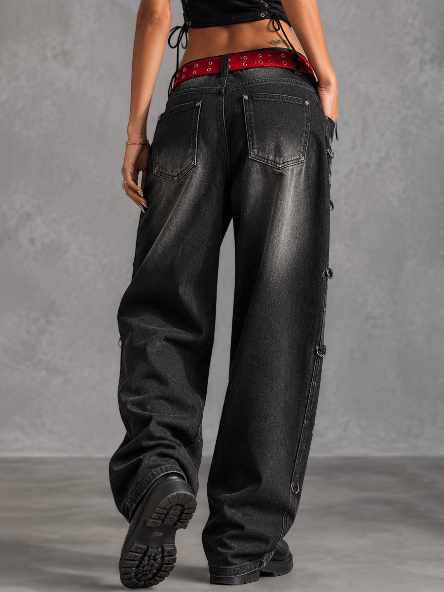 High Waisted Wide Leg Belt Buckle Hollow Pockets Printed Ripped Split-Joint Jean Pants Bottoms