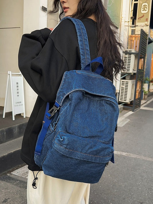 Women Vintage Pure Color Large Capacity Denim Backpack