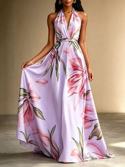 Flower Print Drawstring Contrast Color Backless Sleeveless Loose V-neck Midi Dresses