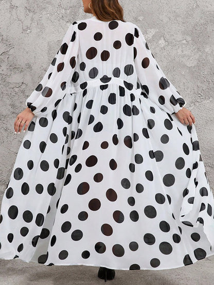 High Waisted Long Sleeves Pleated Polka-Dot See-Through Split-Joint Deep V-Neck Maxi Dresses Outerwear