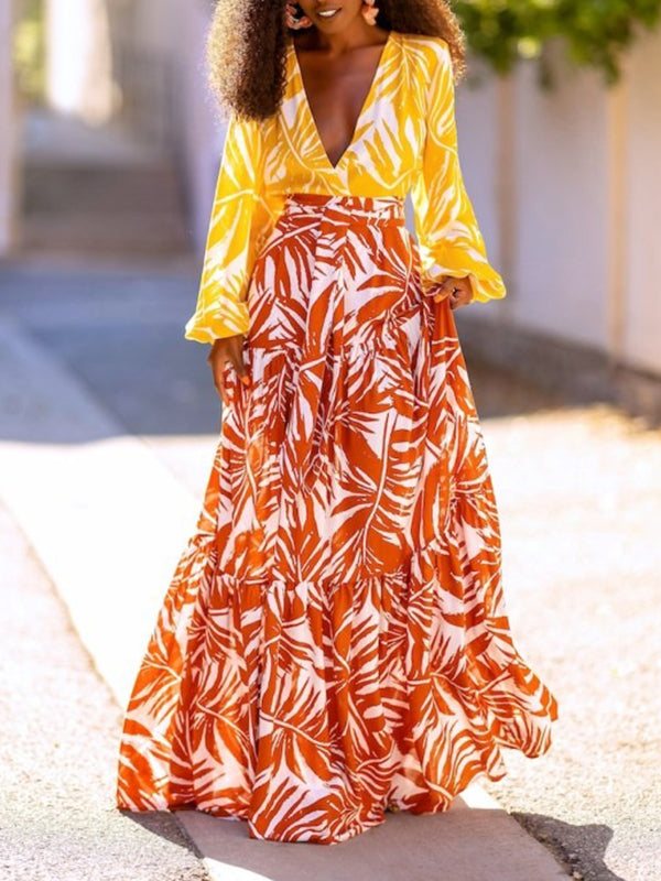 High Waisted Loose Layered Leaves Print Skirts Bottoms