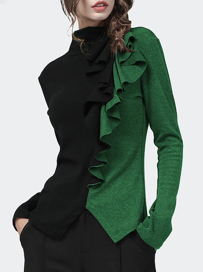 Long Sleeves Skinny Contrast Color Split-Front Split-Joint High-Neck T-Shirts