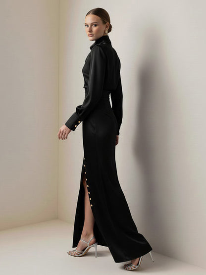 Split-Joint Heaps Collar Long Sleeves Pleated Blouses&Shirts Tops + Elasticated Waist Asymmetric Buttoned  Contrast Color Split-Side Zipper Skirts Bottoms Two Pieces Set