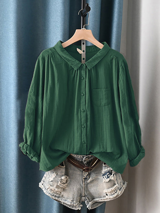 Plus Size Women Artsy Turn-down Collar 100%Cotton Long Sleeve Shirt