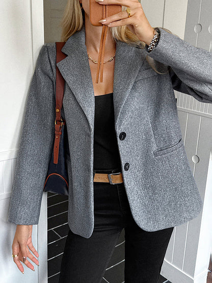 Long Sleeves Buttoned Pockets Solid Color Notched Collar Suit Outerwear