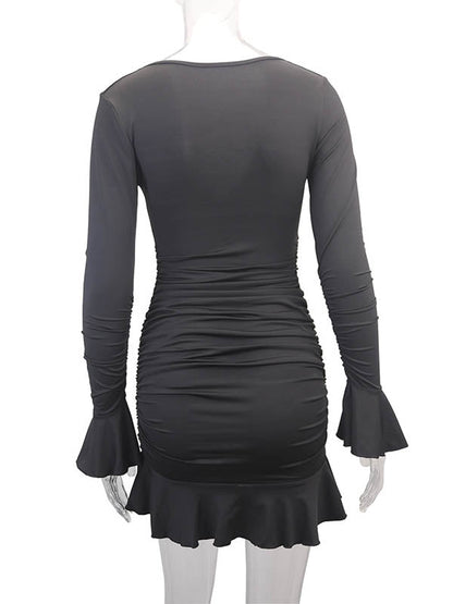 Bodycon Elasticated Waist Pleated Ruffled Solid Color Split-Joint V-Neck Midi Dresses