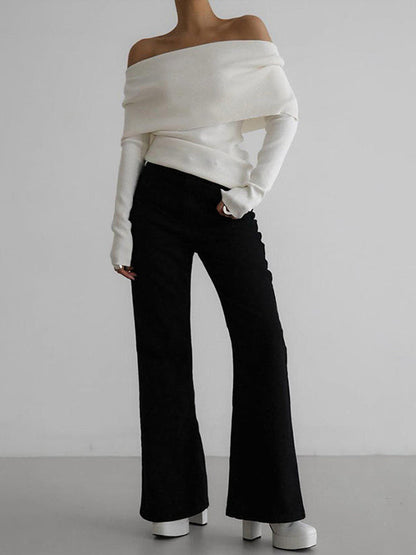 Long Sleeves Loose Solid Color Off-The-Shoulder Pullovers Sweater Tops