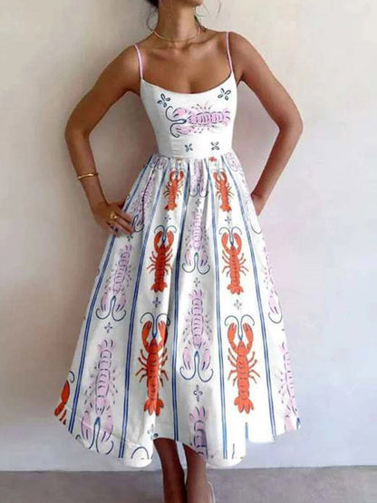 Elasticated Waist High Waisted Contrast Color Pleated Printed Split-Joint Spaghetti-Neck Midi Dresses