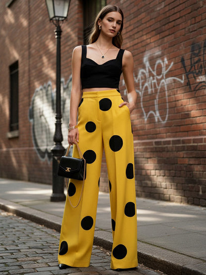 Elasticated Waist High Waisted Contrast Color Pockets Polka-Dot Split-Joint Pants