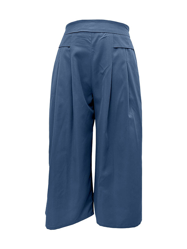 Flared Pants High Waisted Pleated Pockets Solid Color Split-Joint Ninth Pants Trousers