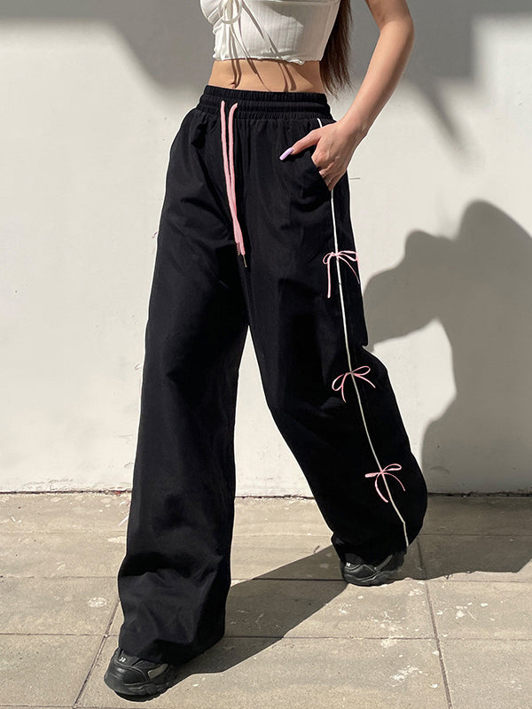Loose Wide Leg Bowknot Drawstring Elasticity Split-Joint Pants Trousers