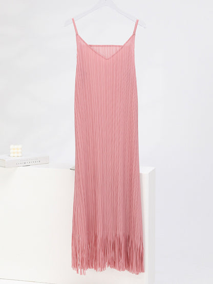 Loose Sleeveless Pleated Solid Color Tasseled Spaghetti-Neck Midi Dresses