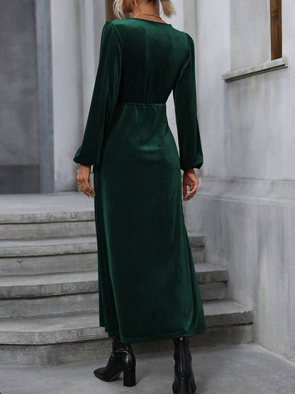 High Waisted Long Sleeves Solid Color Split-Side Tied Waist Velvet Deep V-Neck Maxi Dresses