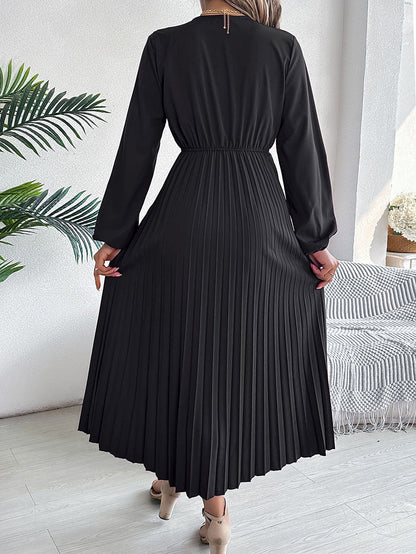 A-Line High Waisted Elasticity Pleated Solid Color V-Neck Maxi Dresses