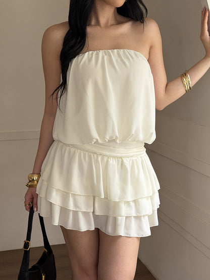 Sleeveless Elasticity Pleated Ruffled Solid Color Split-Joint Tube Mini Dresses