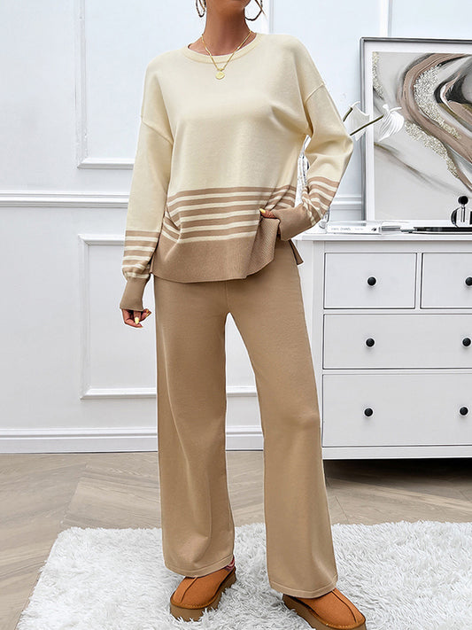 Long Sleeves Loose Contrast Color Split-Side Striped Round-Neck Sweater Top + Pants Bottom Two Pieces Set