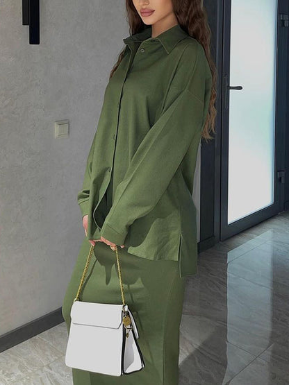 Solid Color High-Low Long Sleeves Buttoned Split-Side Lapel Shirts Top   Skirts Bottom Two Pieces Set