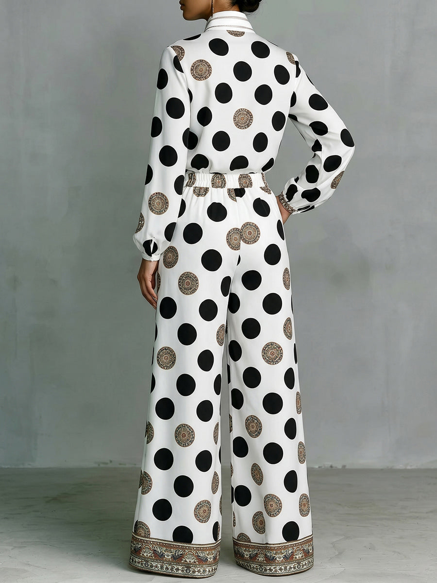 Long Sleeves Loose Buttoned Contrast Color Polka Dot Printed Stand Collar Blouses&Shirts Tops