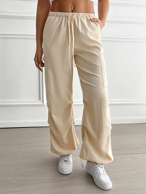 High Waisted Loose Drawstring Elasticity Pleated Pockets Solid Color Pants Trousers
