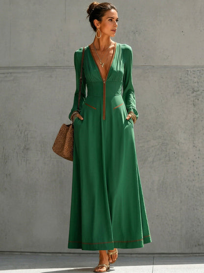 A-Line High Waisted Pockets Solid Color Zipper Deep V-Neck Maxi Dresses
