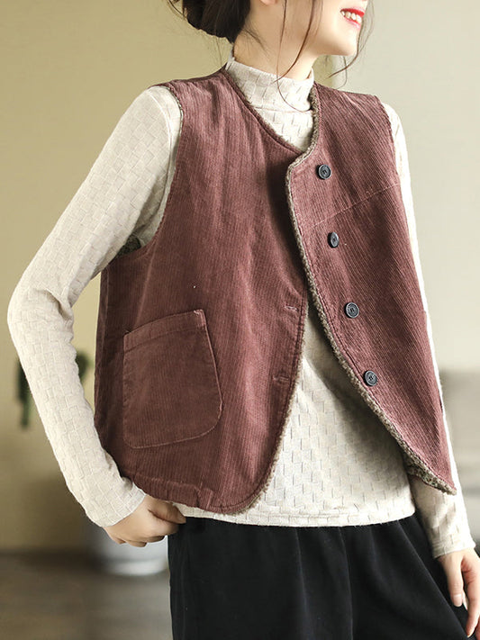 Vintage Sleeveless Loose Buttoned Split-Joint Solid Color Round-Neck Vest Outerwear