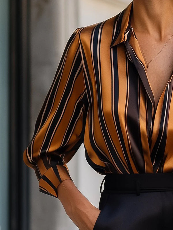 Long Sleeves Loose Contrast Color Striped Lapel Blouses&Shirts Tops