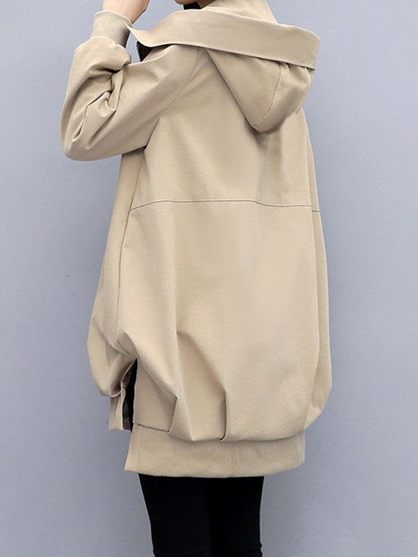 Casual Loose 4 Colors Pleated Zipper Hooded Long Sleeves Outwear