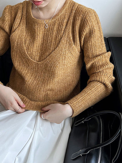 False Two Long Sleeves Solid Color Round-Neck Pullovers Sweater Tops