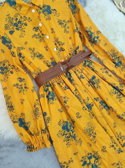 A-Line Elasticated Waist Belted Buttoned Contrast Color Flower Print Pleated Split-Joint Lapel Maxi Dresses Shirt Dress