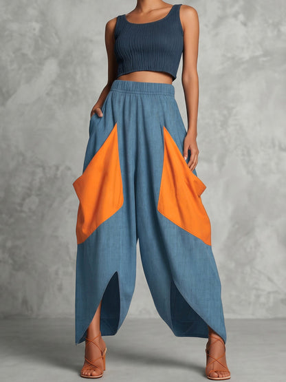 High Waisted Loose Contrast Color Elasticity Pockets Split-Joint Ninth Pants Trousers