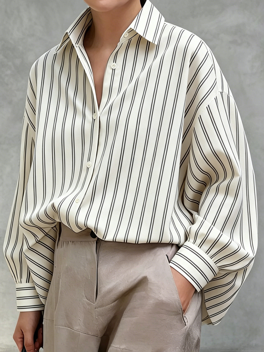 Long Sleeves Loose Buttoned Contrast Color Striped Lapel Blouses&Shirts Tops