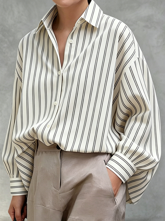 Long Sleeves Loose Buttoned Contrast Color Striped Lapel Blouses&Shirts Tops